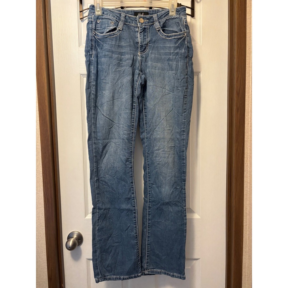 Earl Jean Slim Boot Blue Denim Embroidered Rhinestone Pocket Jeans Size 4